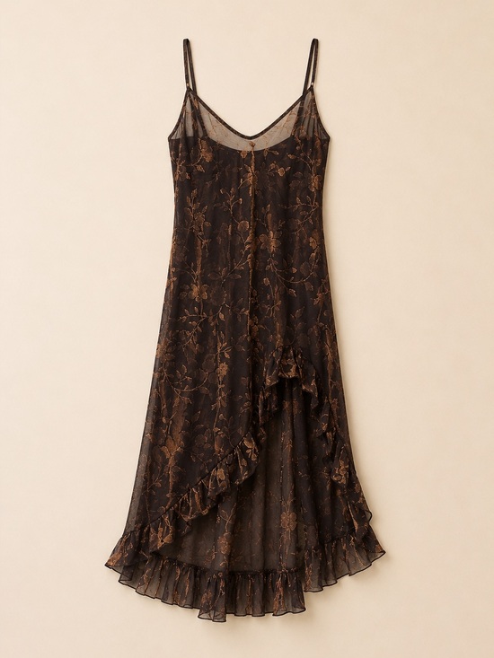 Vintage Dresses & Skirts - Vintage Brown Sheer Floral Asymmetrical Slip Dress | XS/S
